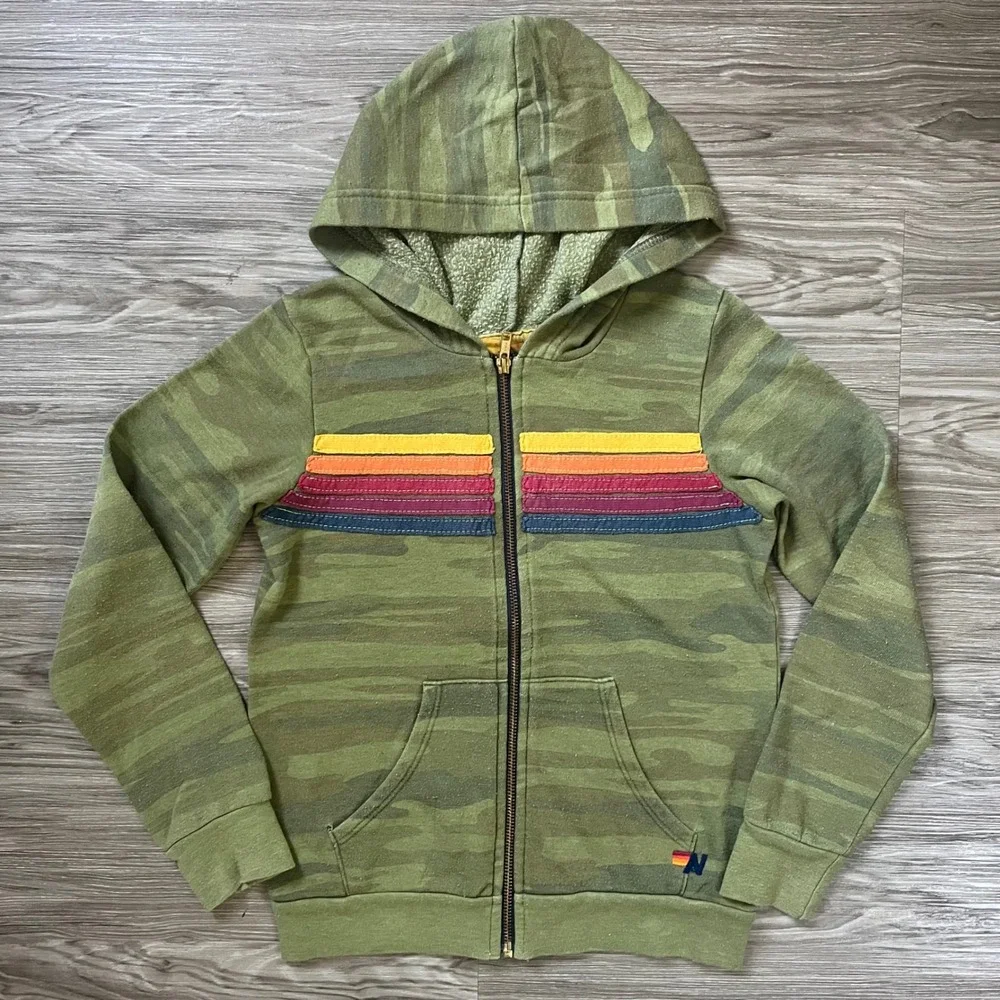 Aviator Nation Kids Camo Rainbow 5-Stripe Zip Up Hoodie Green Size 10 USA Made